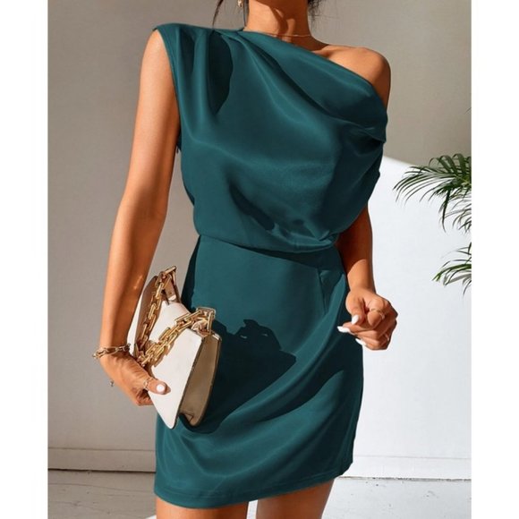 Satin Asymmetrical NeckLine Mini Dress- teal - Picture 4 of 6